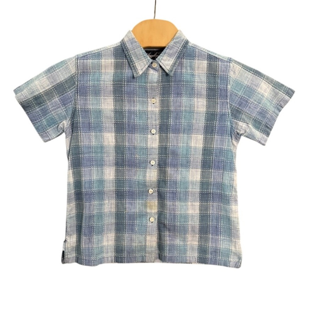 Angelique Womens Blue Plaid Cotton Short Sleeve Button Up Shirt Size M